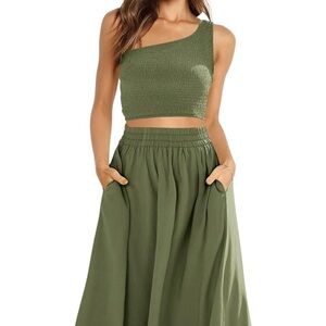 One Shoulder Smocked Crop Top & High Waist Long Skirt Dress Set with Pockets